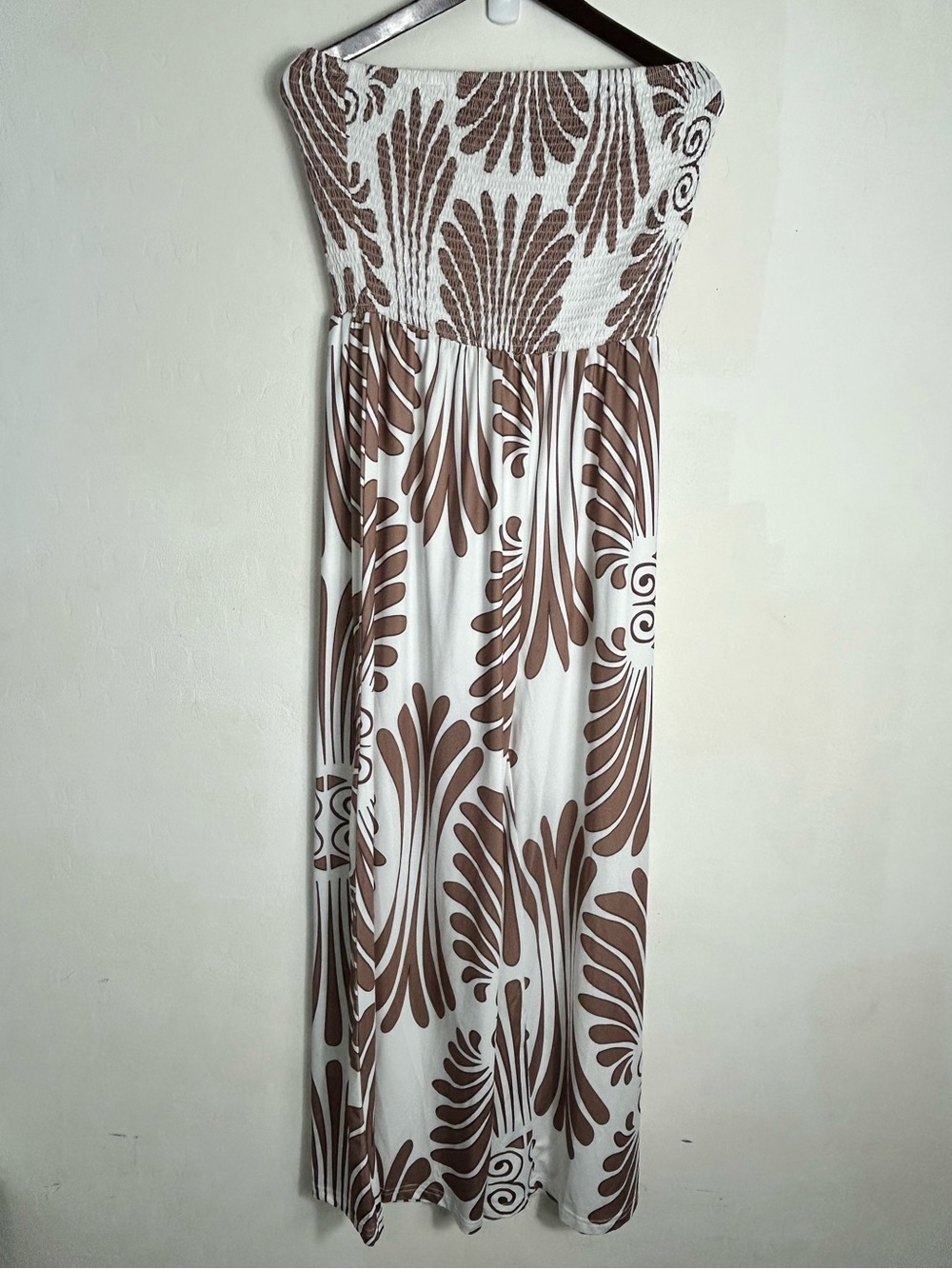 Strapless White Maxi Dress with Brown Botanical Print